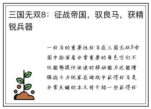三国无双8：征战帝国，驭良马，获精锐兵器